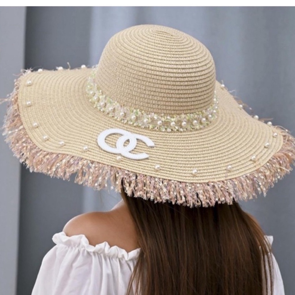 Chic Tan Wide-Brim Hat with Pearl Details